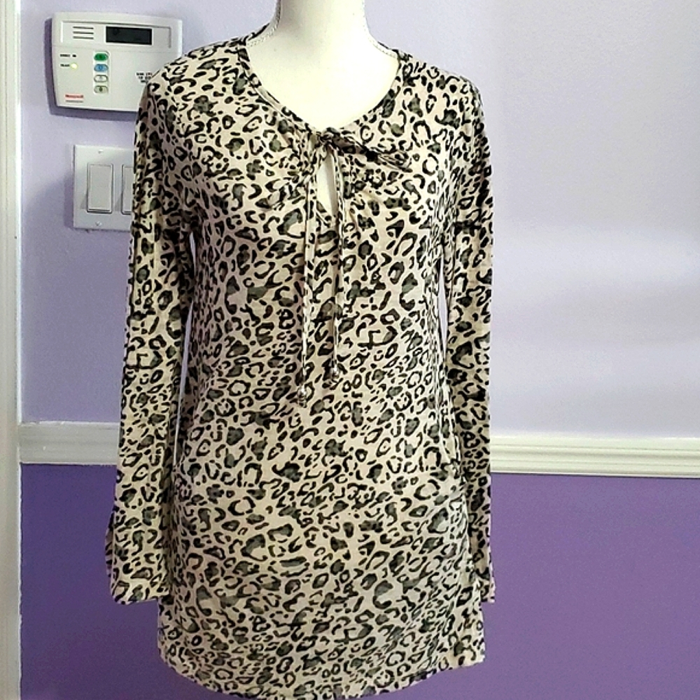 Catalina Boho Leopard Print Long Sleeve Tie Neck Summery Beach Swim Coverup S